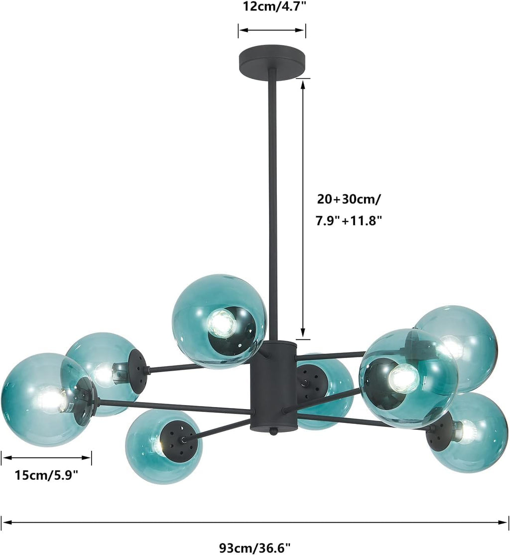 Glass Globe Chandelier Mid Century Modern Pendant Lights Black Ceiling Hanging Light Fixture with Blue Glass Shade Sputnik Chandeliers for Kitchen Island Living Dining Bedroom (Blue)