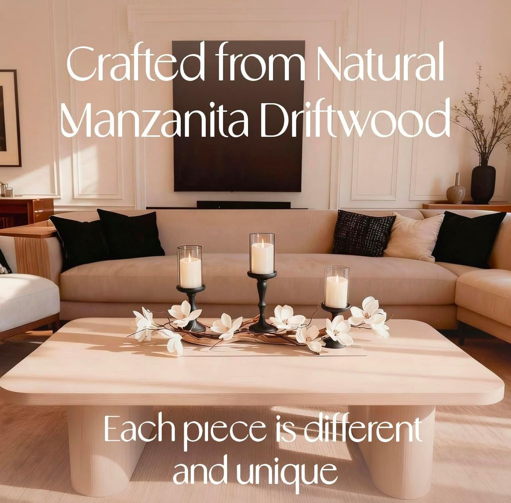 Magnolia Vine Driftwood Farmhouse Table Centerpiece - 3pc Candle Holder Set - Floral Table Decor for Dining Room, Living Room, Mantle & Weddings (Black)