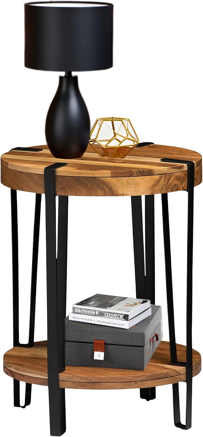 Ryegate 2-Tier Round Acacia Wood & Metal End Table with Bottom Shelf – Rustic Modern Accent Table with Live Edge, Natural Finish and Metal Straps for Living Room or Bedroom by Alaterre Furniture