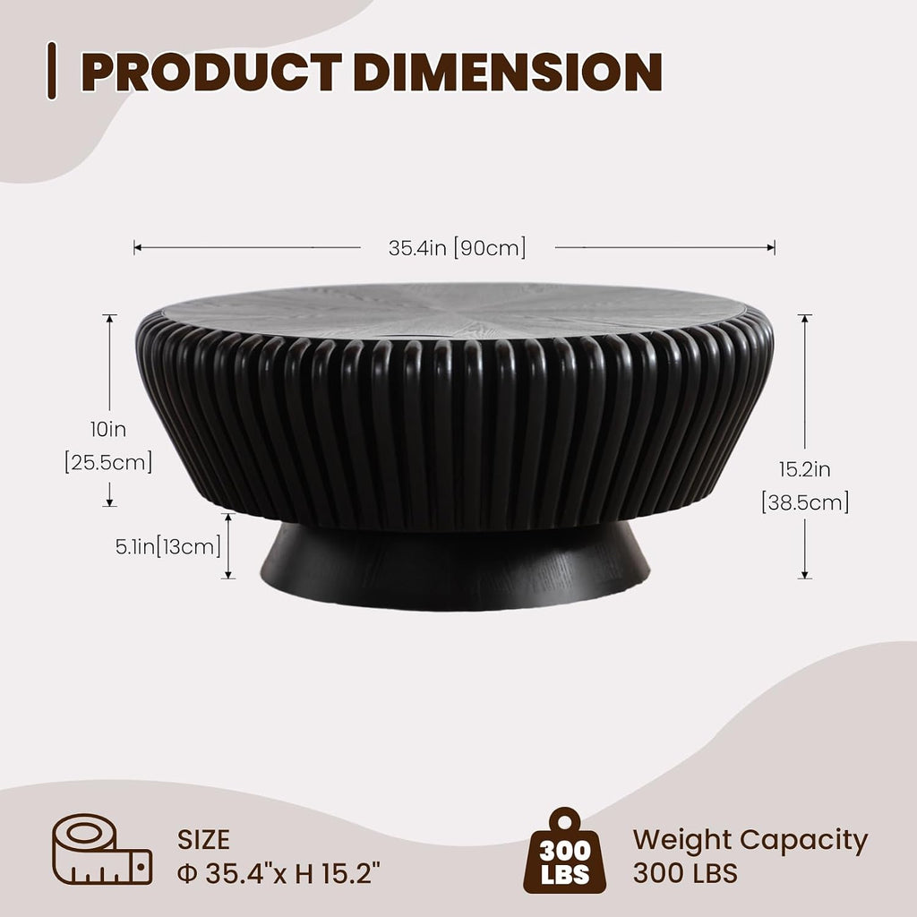 Round Coffee Table with Storage, Mid Century Modern Drum Coffee Table for Living Room, Fluted Circle Center Table with Sturdy Pedestal, Accent Tea Table for Apartment (35.4' Black with Storage)