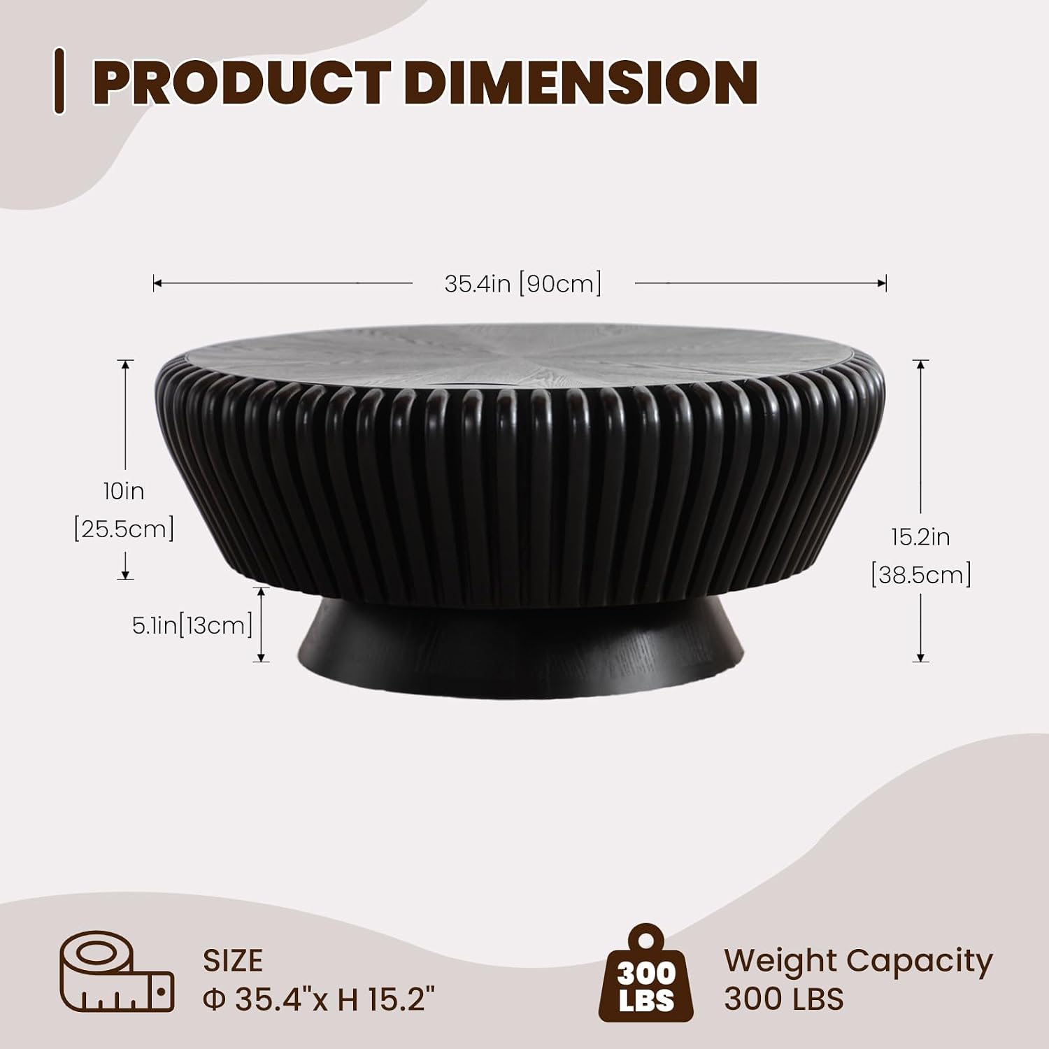Round Coffee Table with Storage, Mid Century Modern Drum Coffee Table for Living Room, Fluted Circle Center Table with Sturdy Pedestal, Accent Tea Table for Apartment (35.4' Black with Storage)