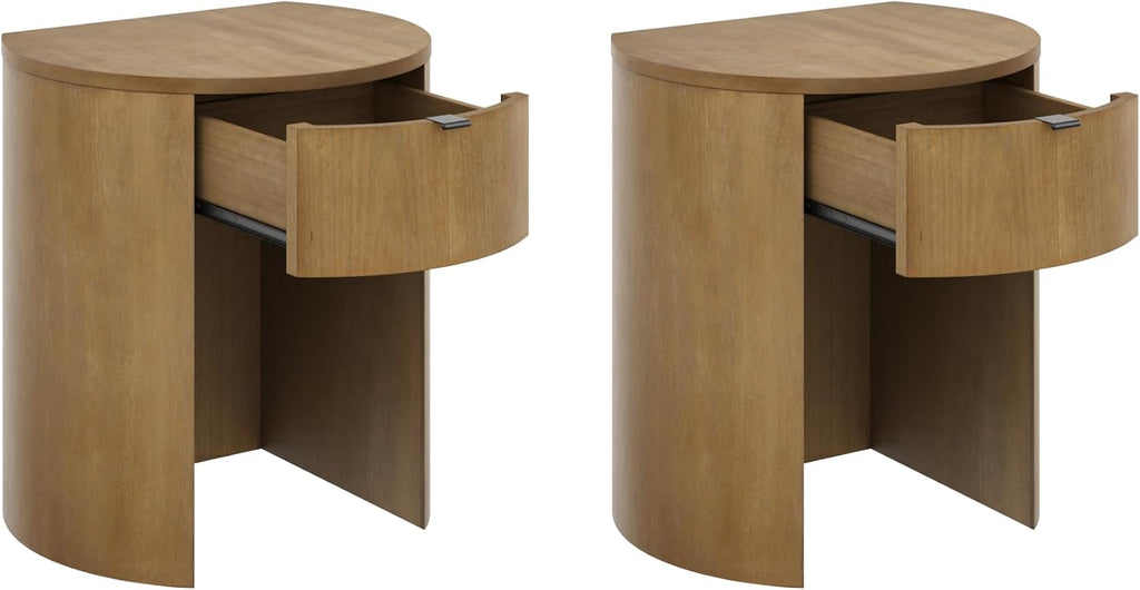Nathan James Shay Solid Wood Nightstand, Modern Bedside Table with Drawer, Contemporary Rounded Nightstand Table for Bedroom, Light Brown Set of 2
