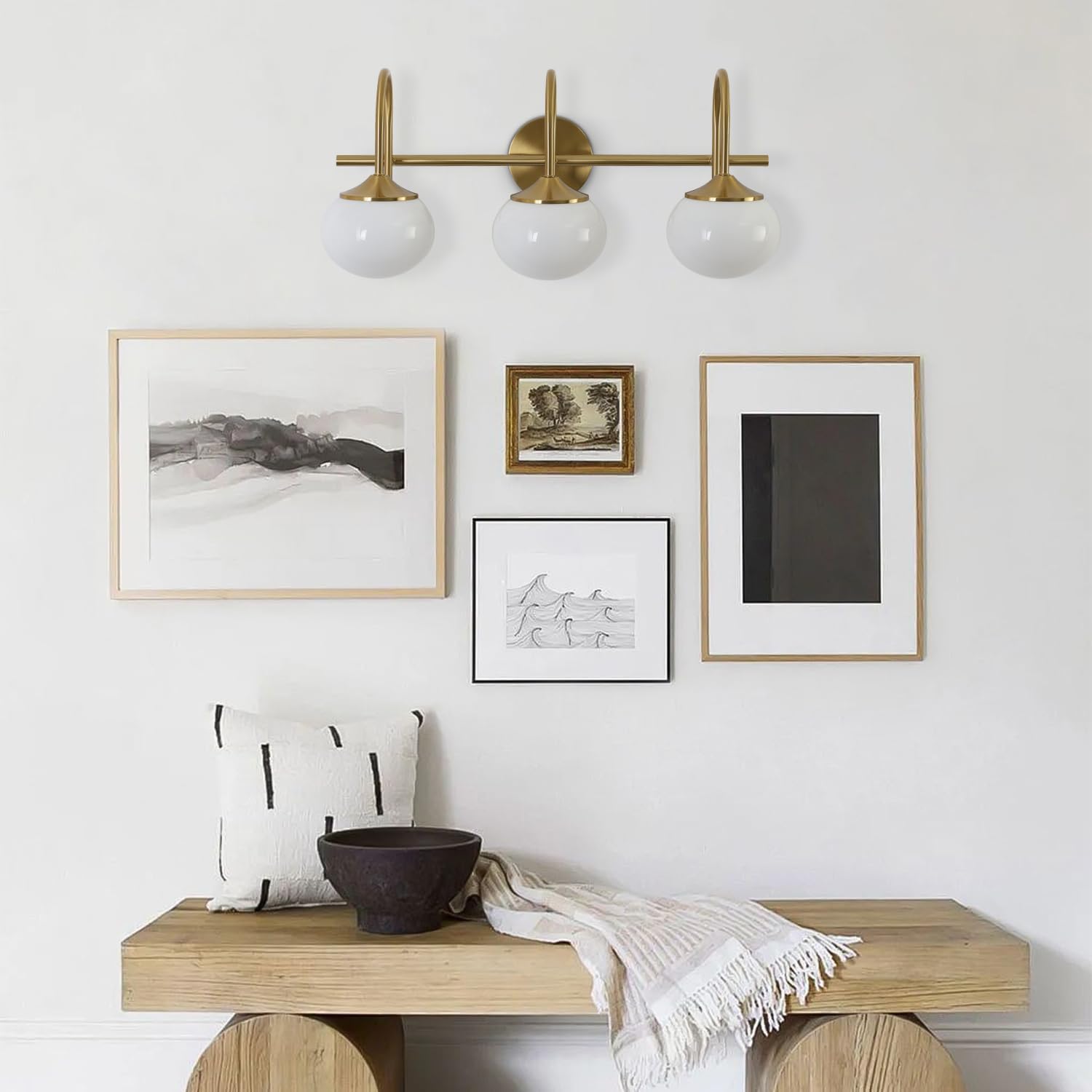 BOKT Modern Vanity Light Fixtures Mid Century 3-Light Bathroom Vanity Lights Fixtures Over Mirror with Milk White Glass Globe Shade Gold Wall Sconce for Living Room Dressing Table