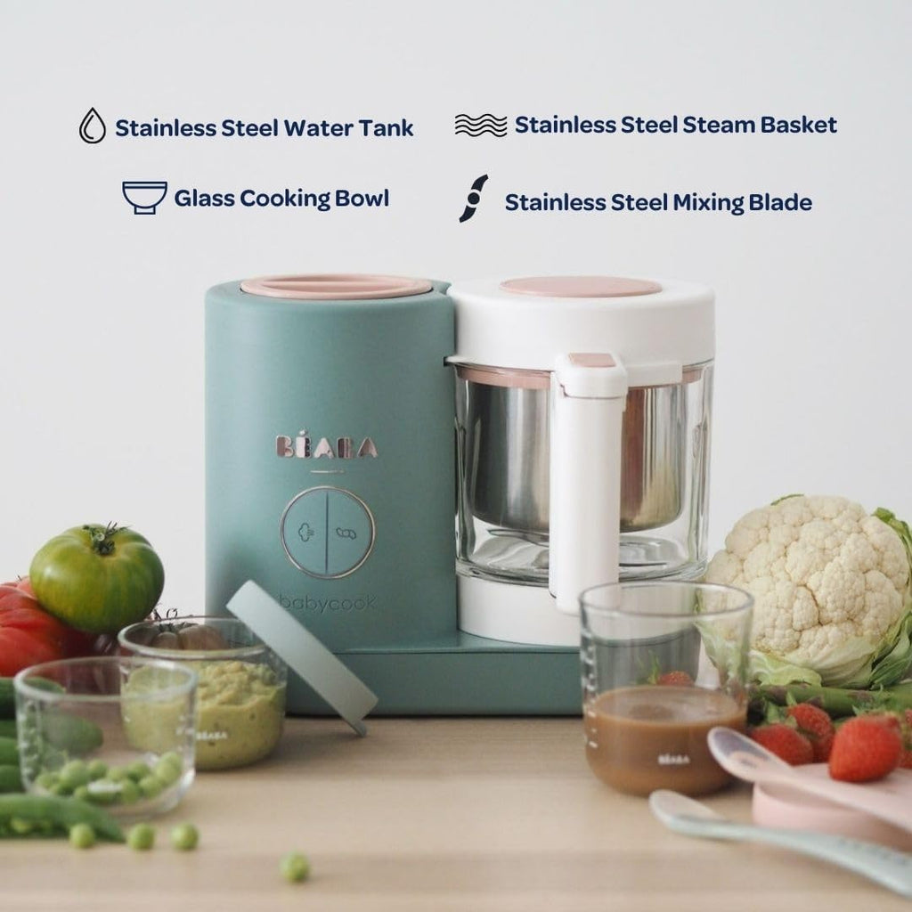 BEABA Babycook Neo, Baby Food Maker, Glass Bowl Baby Food Processor, 4 in 1 Steam Cook & Blender, Stainless Steel Steam Basket, Easy Clean Reservoir, 5.5 Cup Capacity, Eucalyptus