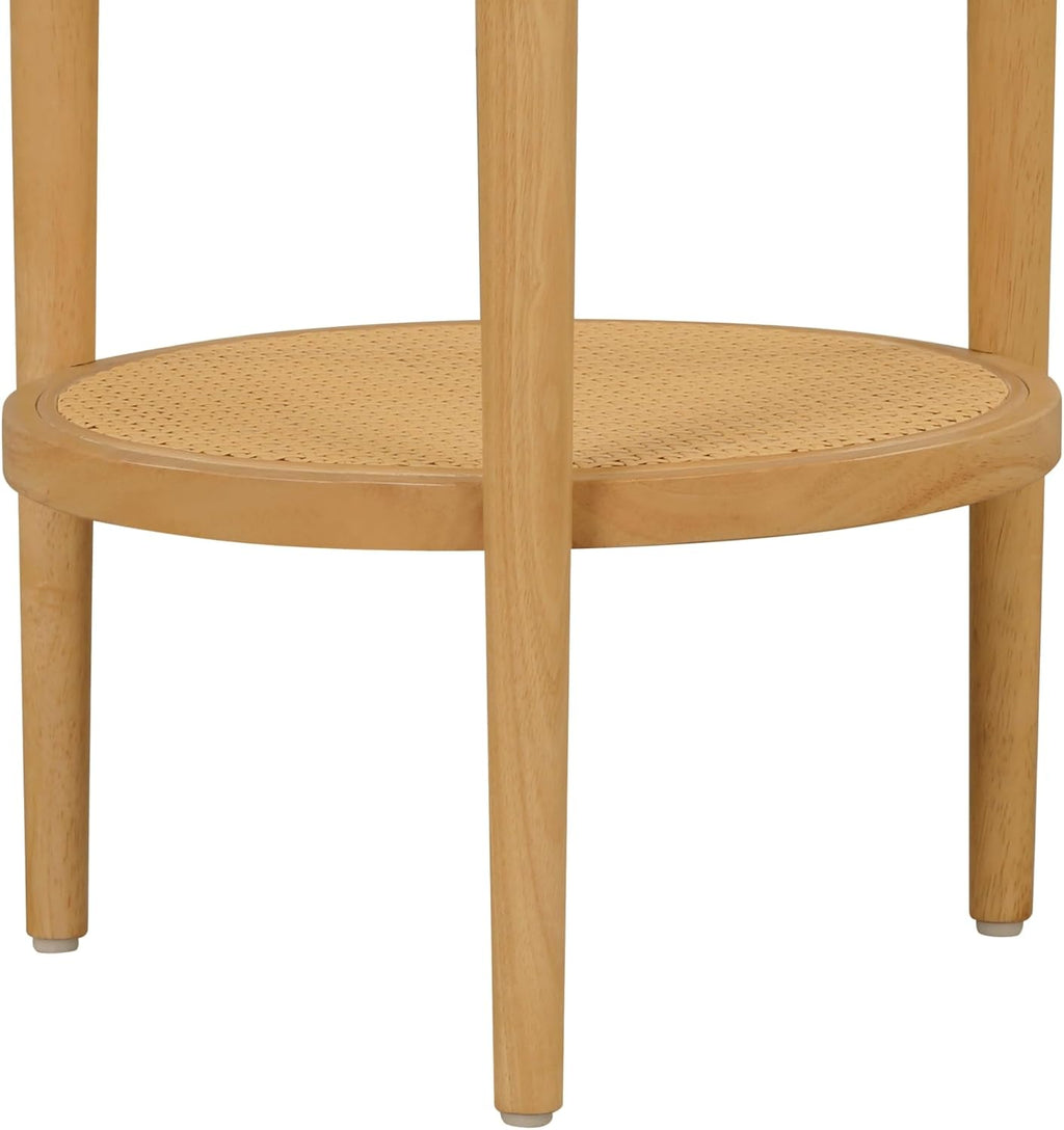 Nathan James Sonia Boho Round Accent End Table, Natural Sofa Side Table in Light Wood with Rattan Storage Shelf for Living Room, Bedroom or Nursery, Light Brown, Set of 2