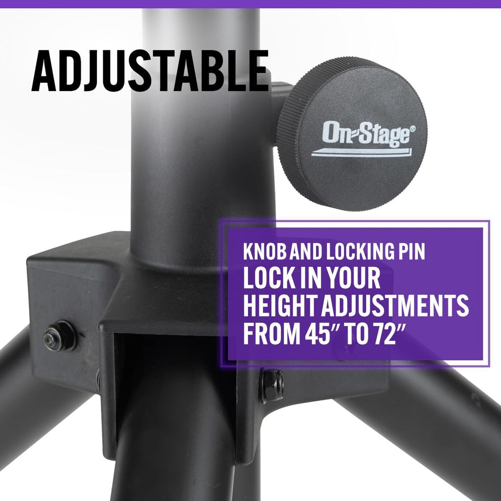 On-Stage SSP7950 All-Aluminum Speaker Stand Pack (Pair of Folding, Portable Stands, Tripod Base, Carry Bag, Height Adjustable, Nonslip Rubber Feet, 1 3/8″ and 1 1/2″ PA Mounting Poles, Black)