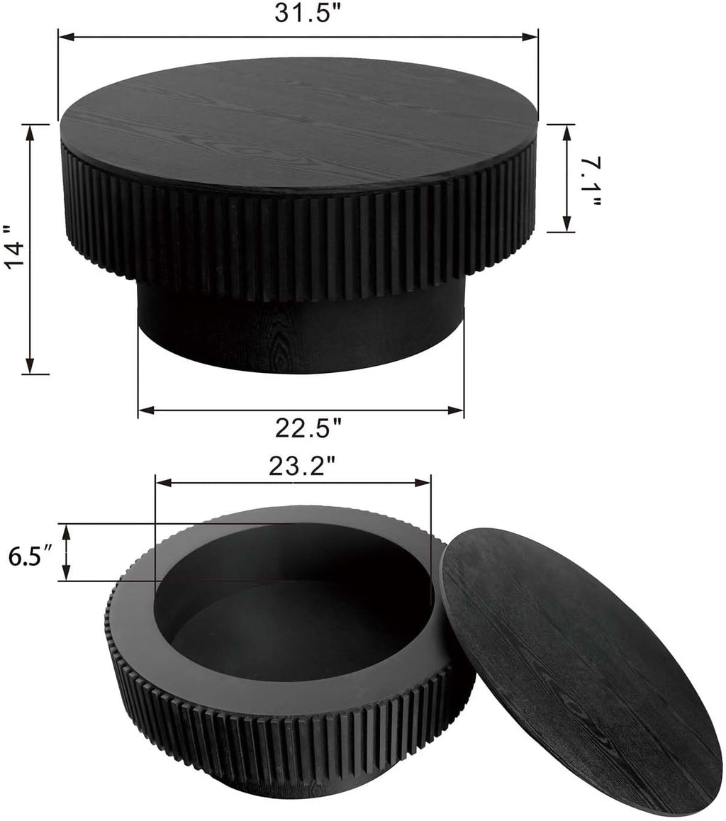 Round Coffee Table with Storage, Modern Wooden Coffee Table with Solid Wood Veneered, Circle Center Table Accent Tea Table for Living Room Apartment Small Space (31.5''L × 31.5''W × 14''H, Black)