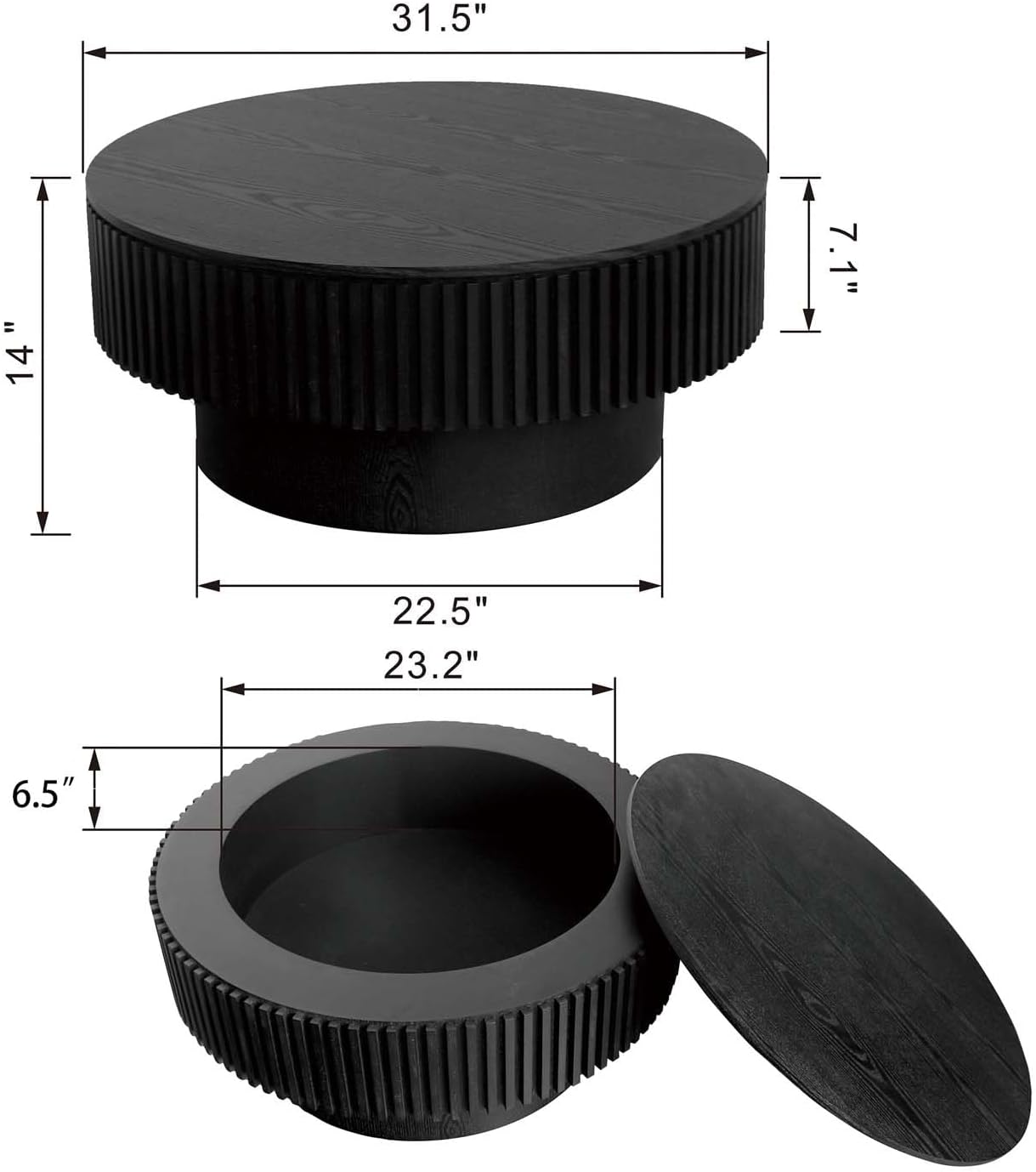Round Coffee Table with Storage, Modern Wooden Coffee Table with Solid Wood Veneered, Circle Center Table Accent Tea Table for Living Room Apartment Small Space (31.5''L × 31.5''W × 14''H, Black)