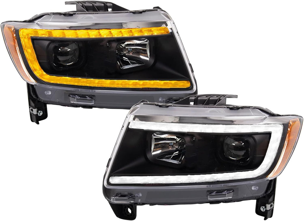 TRQ Performance Driver and Passenger Side Headlight Assembly Set Black Housing Compatible with 11-13 Jeep Grand Cherokee Halogen Only