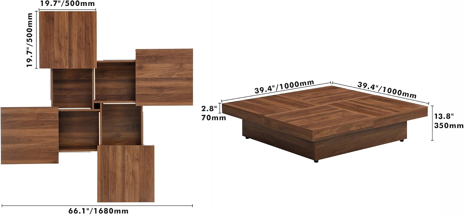 Merax Coffee Table, Modern Extendable Coffee Table with 4 Hidden Storage Compartments, UV High-Gloss Square Center Cocktail Table with Sliding Tabletop for Living Room, 39.4'x 39.4' (Walnut)