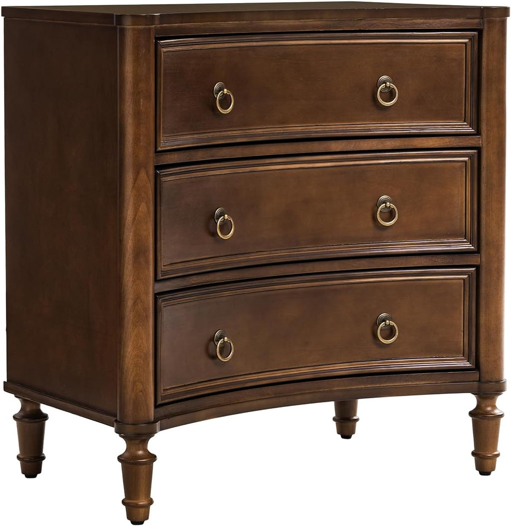 HULALA HOME 3 Drawer End Table with Charging Station, 26' Wide Endtable with Solid Wood Legs and Curved Profile, Classic Side Table for Living Room, Walnut