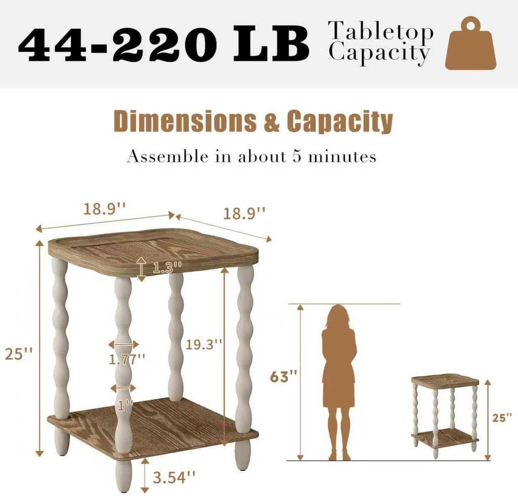 karlott End Table, 2-Tier Farmhouse Side Table, 18.9'' Handcrafted Weathered Wooden Nightstand, Pine Leg, Square Arc Small End Tables for Living Room, Small Space, Bedroom, Boho, Easy Assembly, Beige