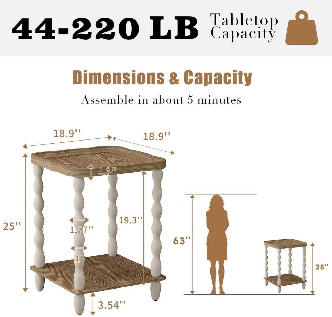 karlott End Table, 2-Tier Farmhouse Side Table, 18.9'' Handcrafted Weathered Wooden Nightstand, Pine Leg, Square Arc Small End Tables for Living Room, Small Space, Bedroom, Boho, Easy Assembly, Beige