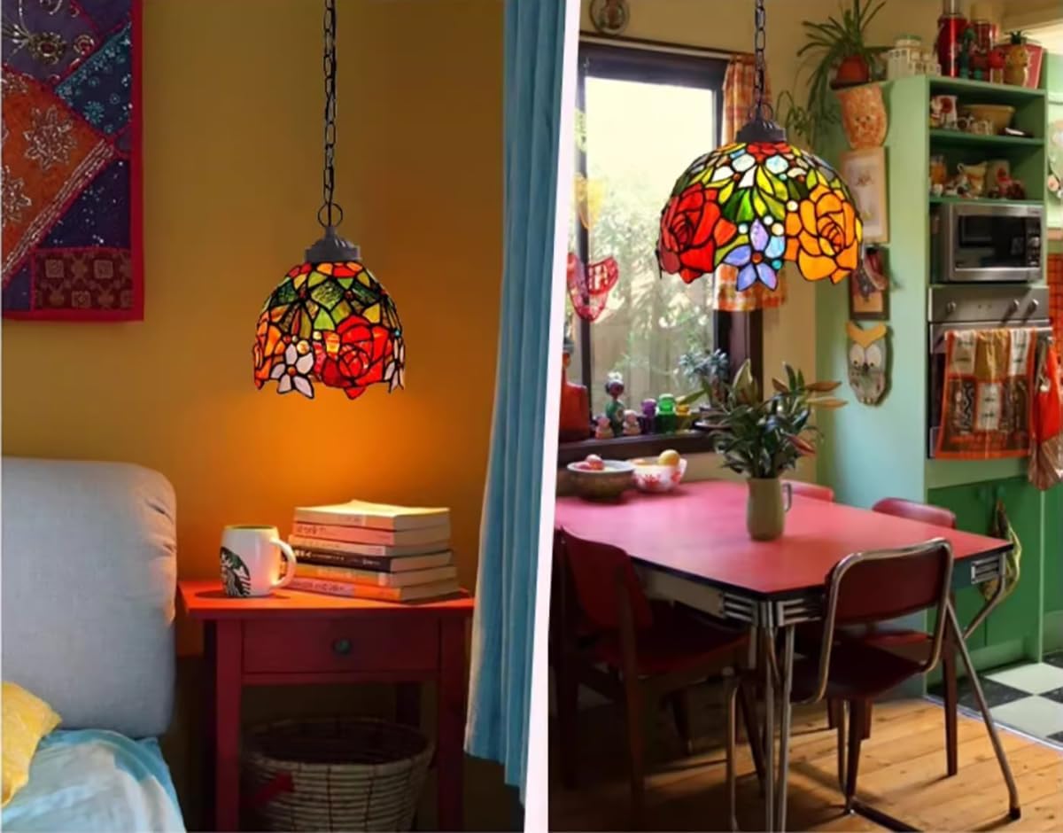 2 Sets Rose Blue Lampshade Replacement, Tiffany Style Vintage Handmade Red Orange Green Stained Glass Crystal Beads Shade for Wall Sconce, Ceiling Light, Pendant Lamp,Chandelier