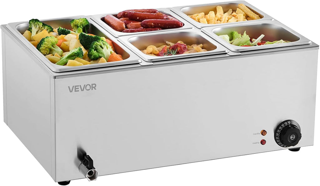 VEVOR 24QT Commercial Food Warmer, 5-Pan Electric Steam Table, 1200W Professional Countertop Stainless Steel Buffet Bain Marie with 86-185°F Temp Control for Catering, Buffet, Parties, Restaurants