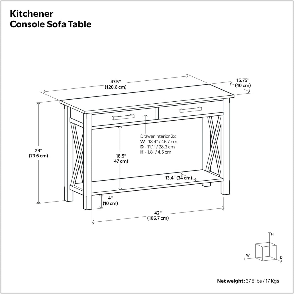 SIMPLIHOME Kitchener Console Table - 47 Inch Wide Solid Wood Sofa Table in Hickory Brown, Contemporary Storage Table for Entryway or Living Room with 2 Drawers, Bottom Shelf, and X-Design Side Panels