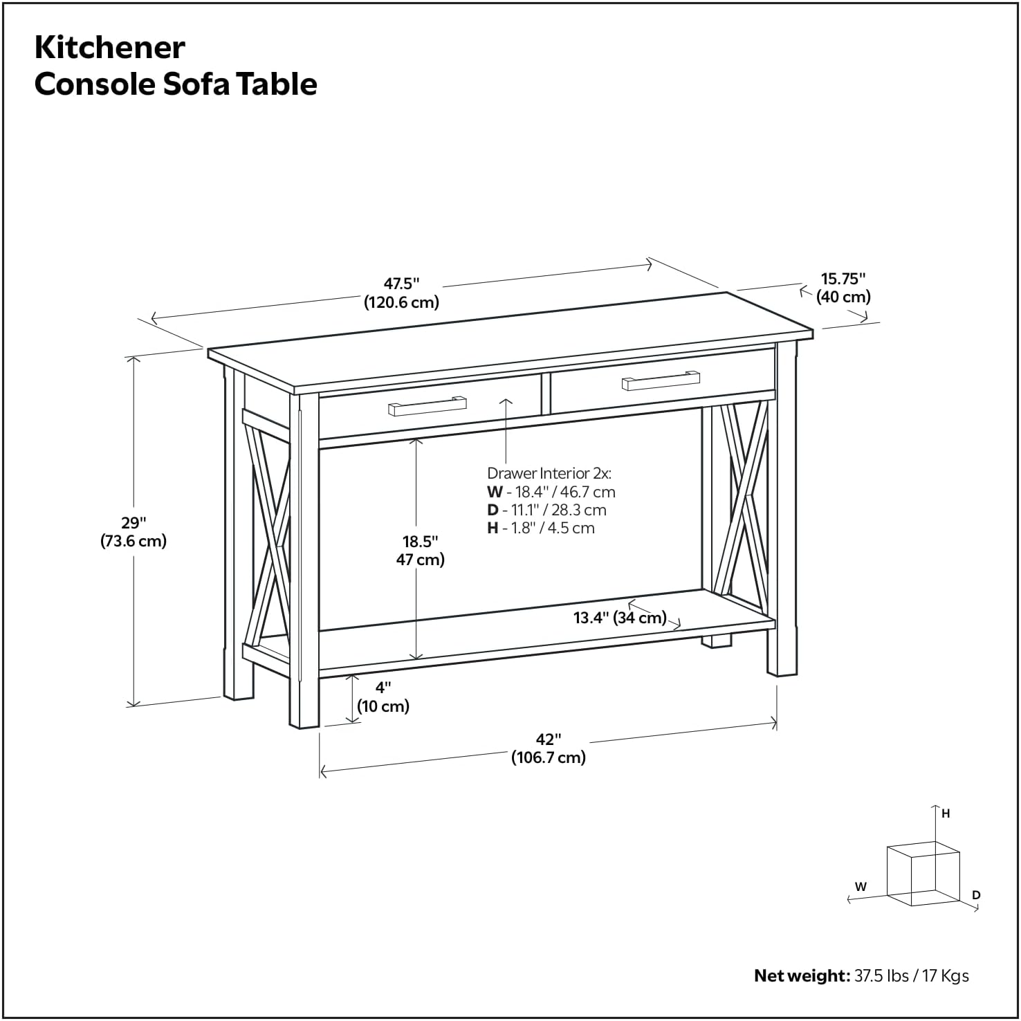 SIMPLIHOME Kitchener Console Table - 47 Inch Wide Solid Wood Sofa Table in Hickory Brown, Contemporary Storage Table for Entryway or Living Room with 2 Drawers, Bottom Shelf, and X-Design Side Panels