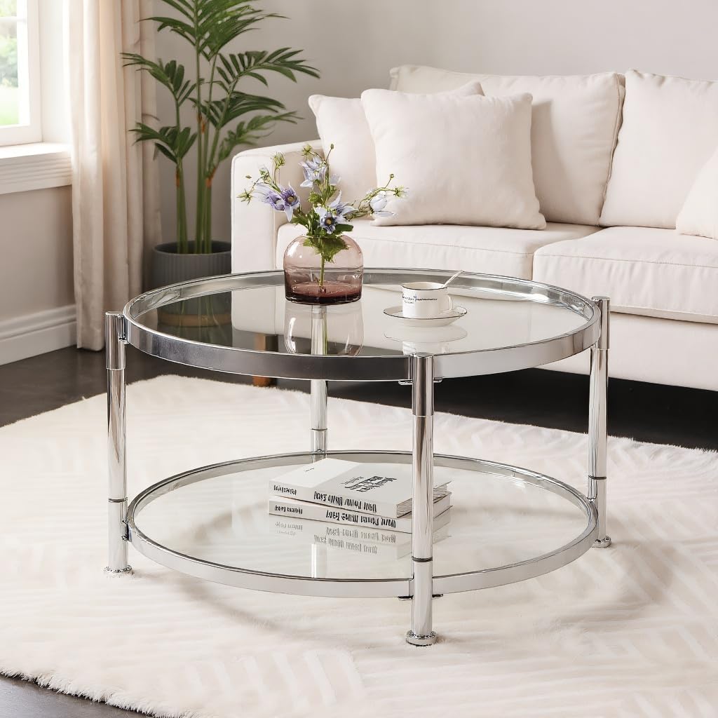 Tempered Glass Round Coffee Table, 28' Modern Acrylic Legs Circle Center Table for Living Room