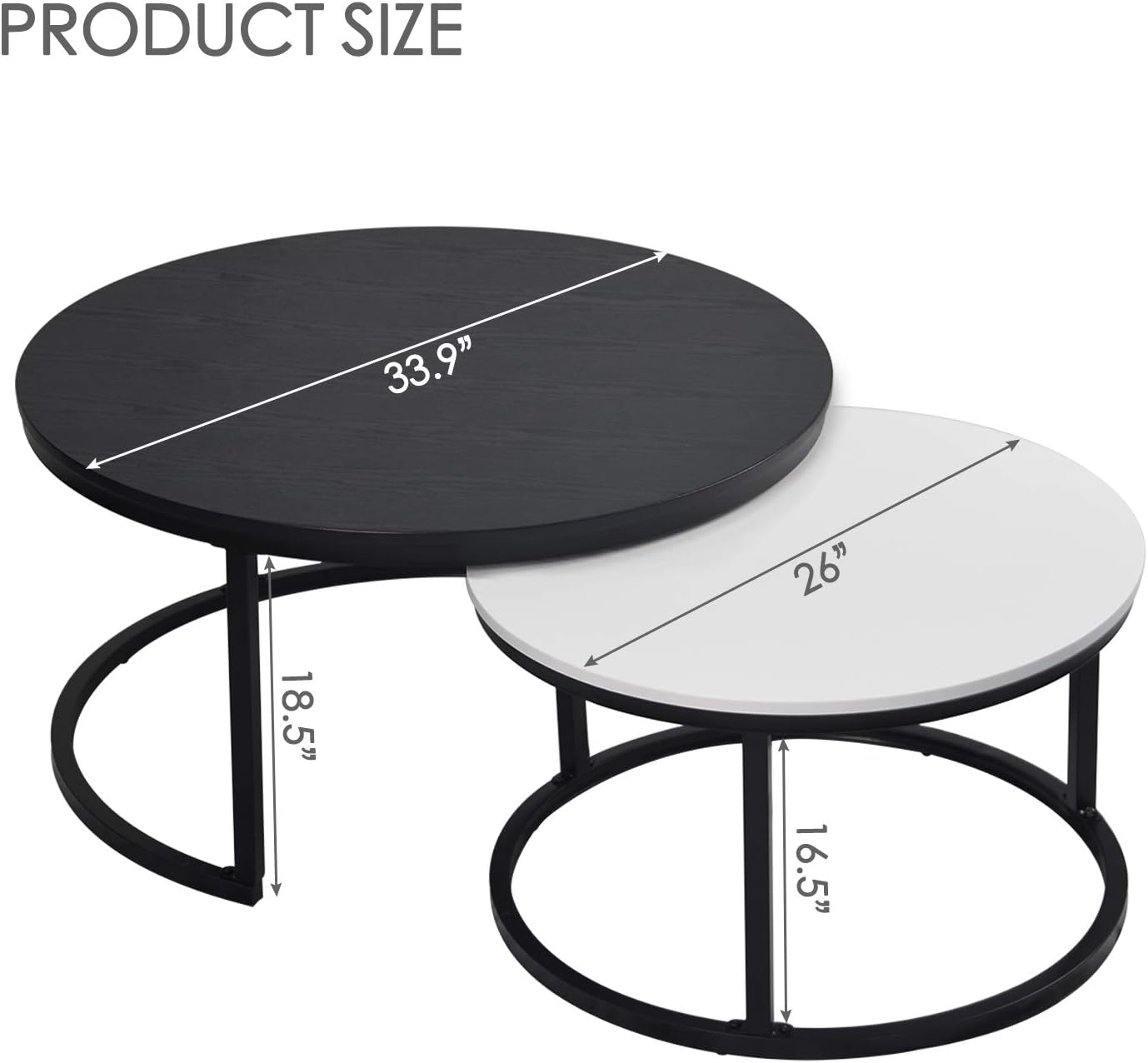WiberWi Round Coffee Table, Nesting Tables Set of 2, Large : Ø 34.0', Small : Ø 26.0', Modern Design Furniture Side End Table for Living Room, Metal Frame Sofa Table Cocktail Table, Black & White