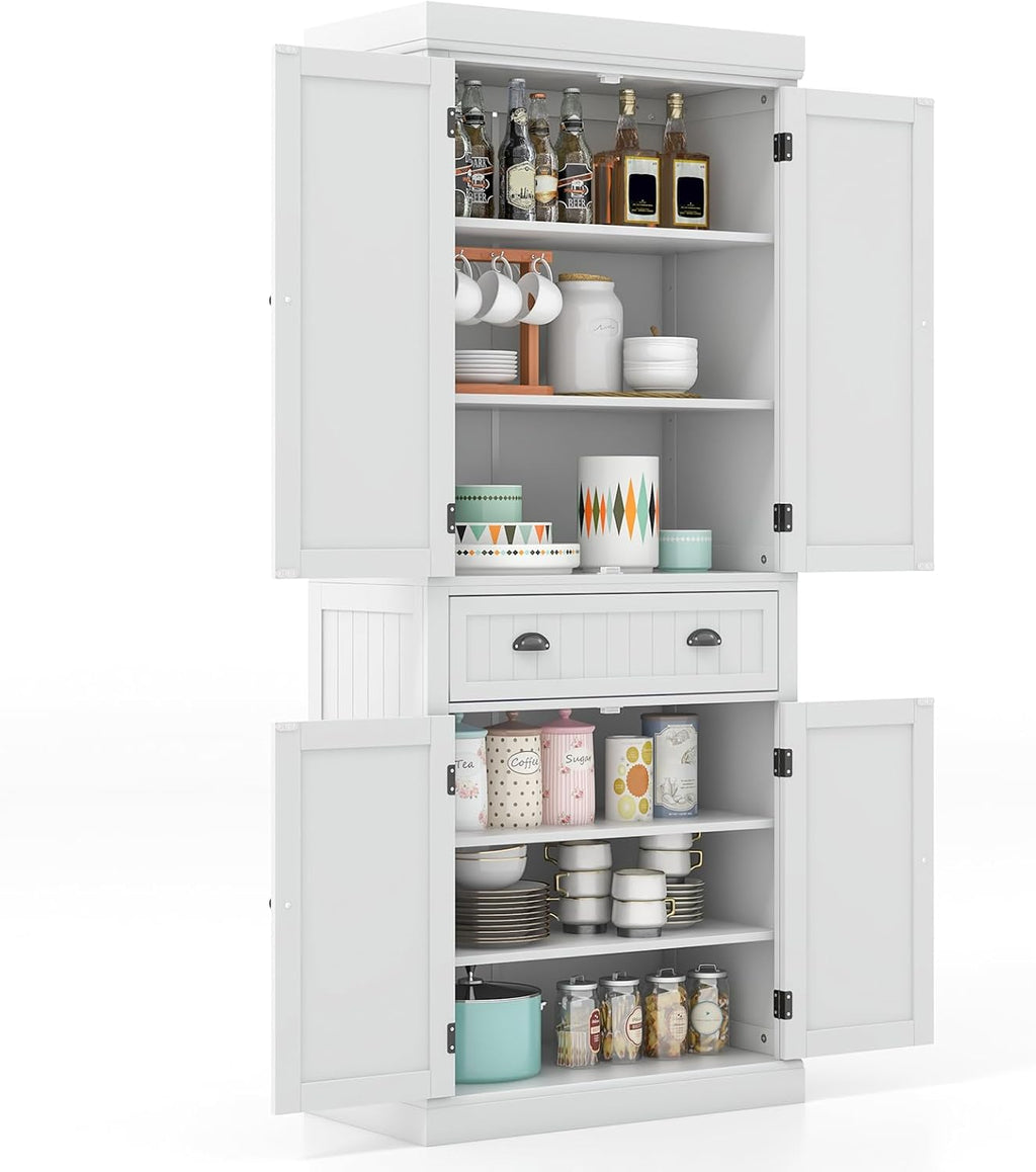 Giantex Pantry Organizers and Storage, 72' Tall Kitchen Cabinet with 2-Door Cabinets & Drawer, Buffet Sideboard w/Adjustable Shelves, Wooden Freestanding Cupboard for Dining Room Living Room (White)