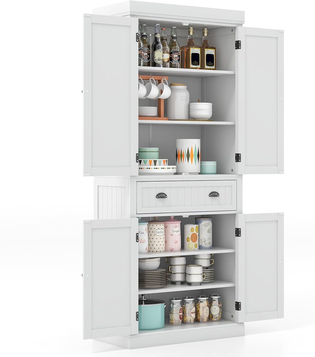 Giantex Pantry Organizers and Storage, 72' Tall Kitchen Cabinet with 2-Door Cabinets & Drawer, Buffet Sideboard w/Adjustable Shelves, Wooden Freestanding Cupboard for Dining Room Living Room (White)