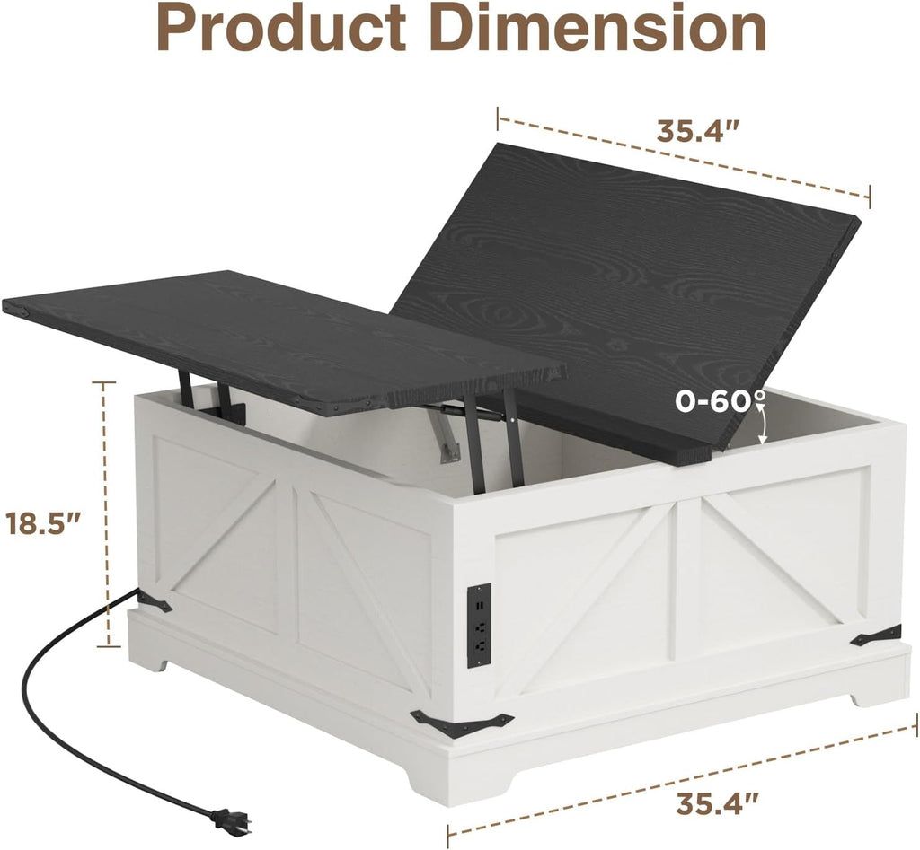 FiveWillowise Coffee Table with Storage, Farmhouse Lift Top Wood Square Center Table with Charging Station, Rustic Cocktail Tables with Flip Top Lids for Living Room, Home Office, 35.4' W, White