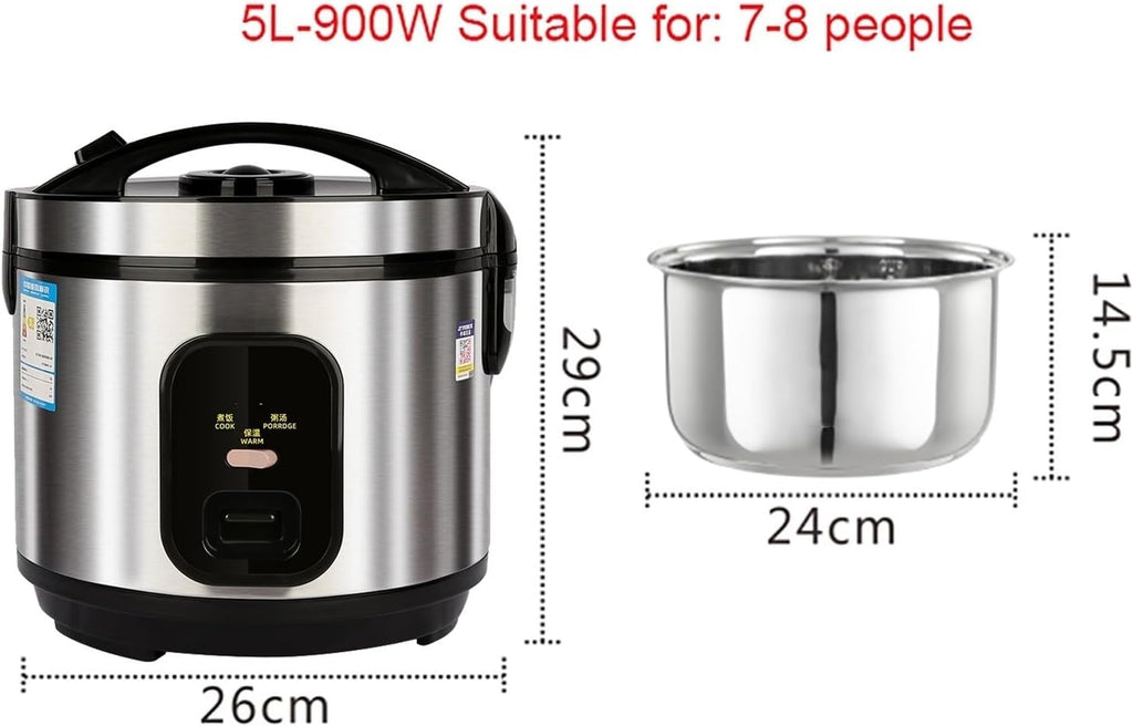 Rice Cooker (2-5L) 304 Stainless Steel Inner Pot, Intelligent Insulation, Make Rice & Steam Food & Vegetables, 220-240V US/EU Power(5L)