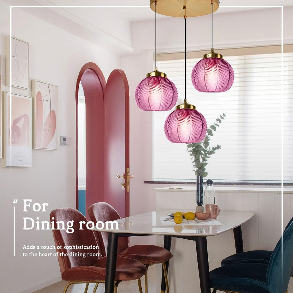 3-Light Purple Glass Pendant Lights - 8.7″ Globe Shade, Hand Blown Glass Hanging Chandelier Cluster Pendant Light Fixtures Adjustable Mid Century Chandeliers Kitchen Island Staircase