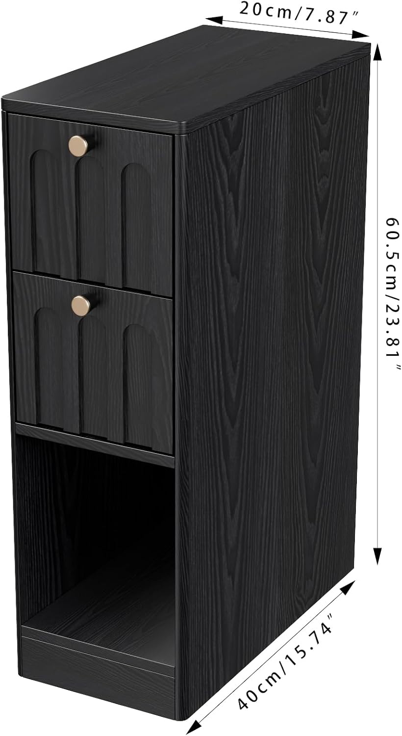 Black Small Nightstand Set of 2, Narrow Bedside Table with Arched Drawer, Wood Nightstand, Skinny Side End Table, Mid Century Modern Night Stand for Bedroom, Small Spaces, Slim, Boho