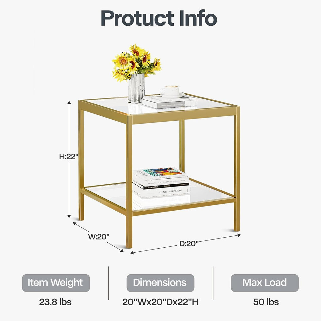 2 Tier Square End Table Side Table with Tempered Glass Top and Gold Metal Frame Modern Night Stand for Small Spaces Side Table with Storage for Living Room Bedroom