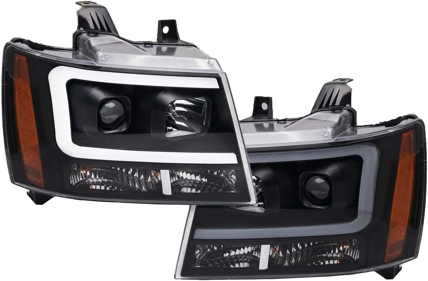TRQ Performance Driver and Passenger Side Headlight Assembly Set Black Housing Projector Clear Lens Compatible with 07-13 Chevrolet Avalanche 07-13 Chevrolet Suburban 2500 07-14 Tahoe