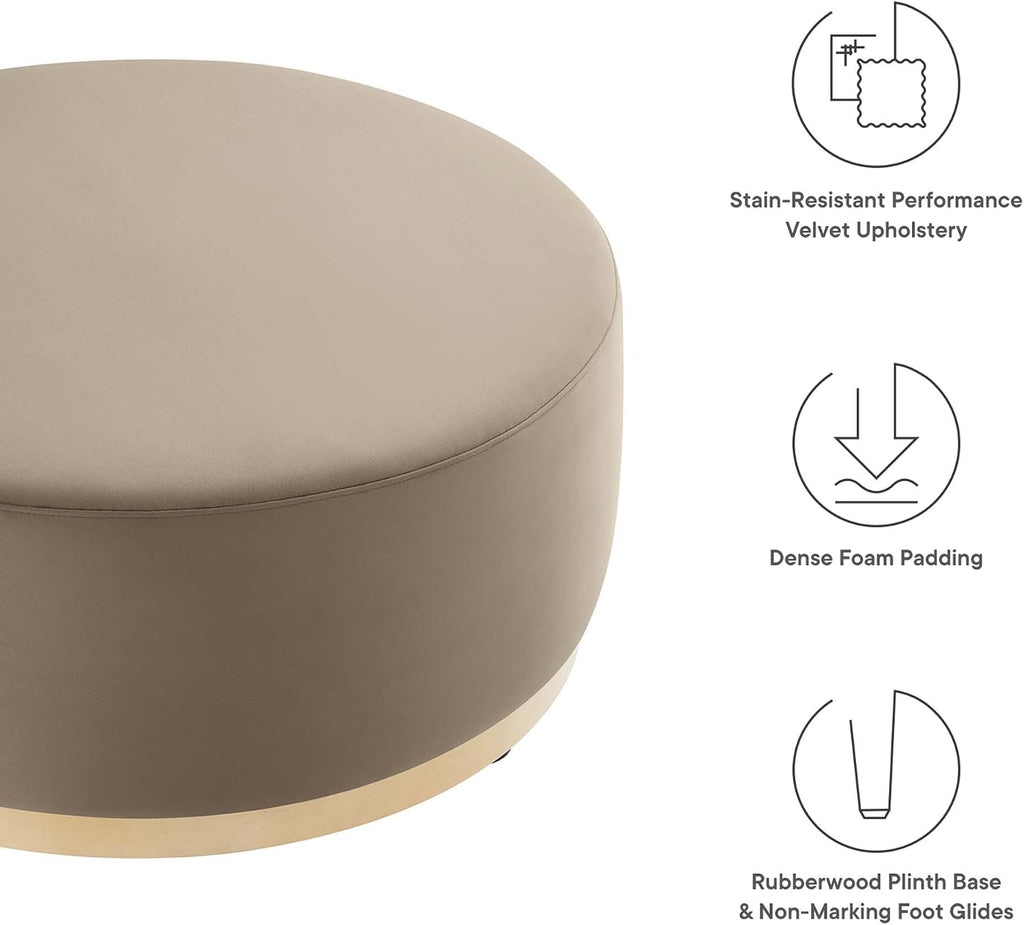 Modway Tilden 38 Inch Round Performance Velvet Upholstered Ottoman in Taupe Natural - Round Ottoman Coffee Table for Living Room, Large Ottoman Foot Rest with Rubberwood Plinth Base
