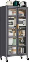 65' Kitchen Pantry Storage Cabinet, 6 Tier Metal Display Storage Cabinet with Transparent Door, Adjustable Shelves & Wheels, Food Pantries Cabinets, for Kitchen, Living Room