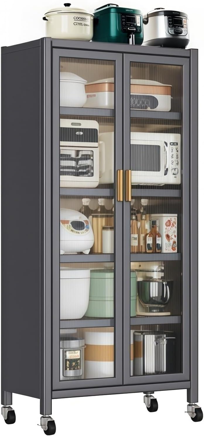65' Kitchen Pantry Storage Cabinet, 6 Tier Metal Display Storage Cabinet with Transparent Door, Adjustable Shelves & Wheels, Food Pantries Cabinets, for Kitchen, Living Room