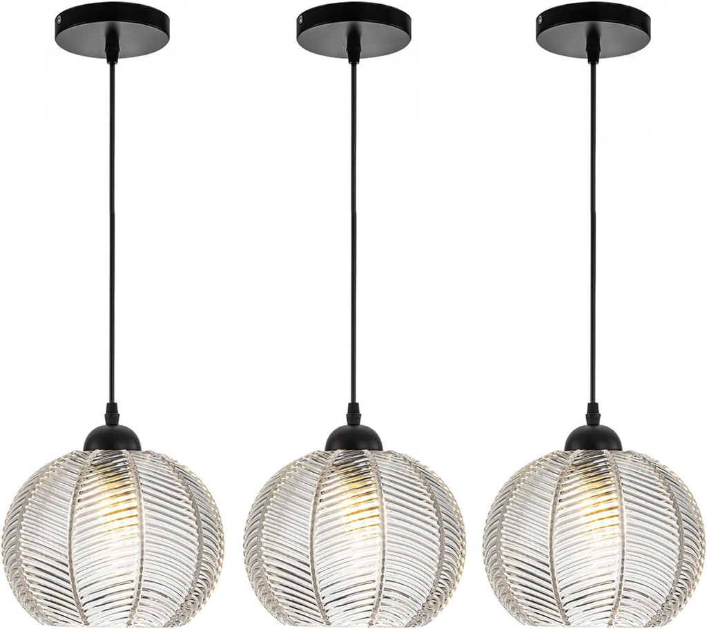 Mid Century Pendant Light Black Glass Pendant Lighting Kitchen Island 3 Light with Clear Ribbed Glass Shade Modern Chandelier Globe Hanging Light for Dining Room Sink Farmhouse