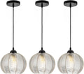 Mid Century Pendant Light Black Glass Pendant Lighting Kitchen Island 3 Light with Clear Ribbed Glass Shade Modern Chandelier Globe Hanging Light for Dining Room Sink Farmhouse