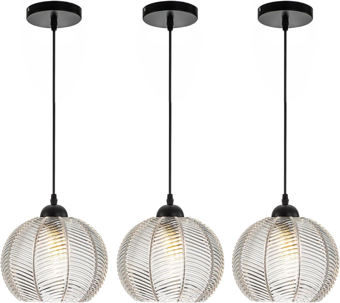 Mid Century Pendant Light Black Glass Pendant Lighting Kitchen Island 3 Light with Clear Ribbed Glass Shade Modern Chandelier Globe Hanging Light for Dining Room Sink Farmhouse