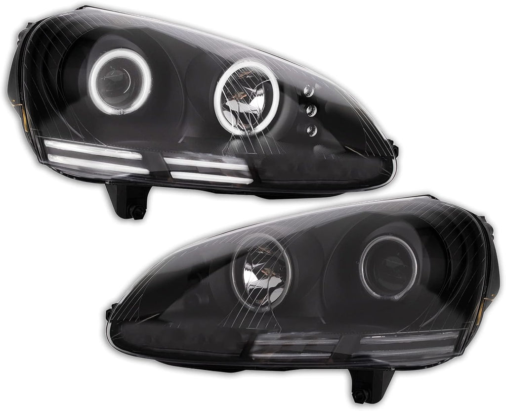 TRQ Performance Driver and Passenger Side Headlight Assembly Set Black Housing Compatible with 05-10 VW Jetta