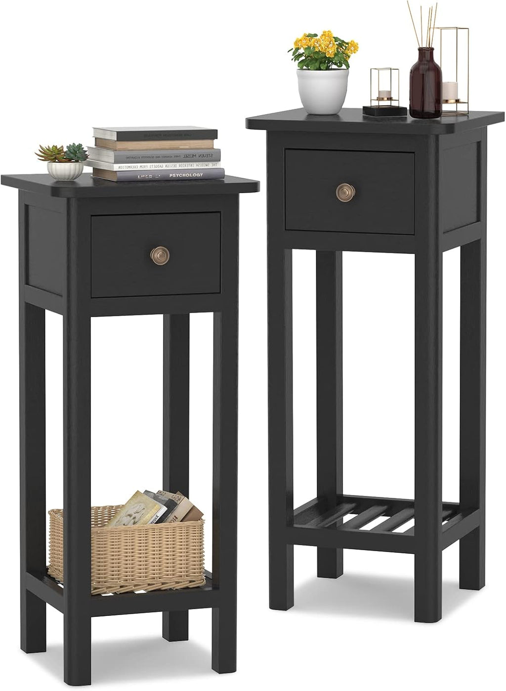 Giantex Tall End Table Set of 2, Narrow Side Table with Drawer and Shelf, Acacia Wood Nightstand for Living Room, 2-Tier Bedside Table for Small Space, No Assembly, Black