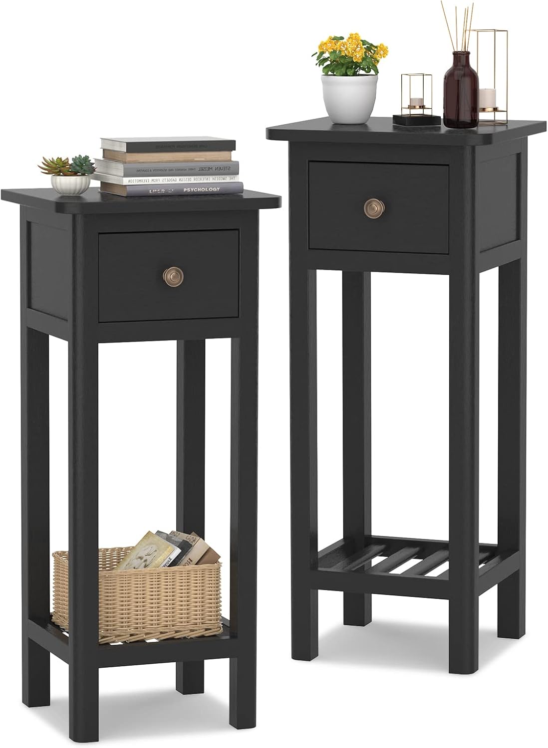 Giantex Tall End Table Set of 2, Narrow Side Table with Drawer and Shelf, Acacia Wood Nightstand for Living Room, 2-Tier Bedside Table for Small Space, No Assembly, Black