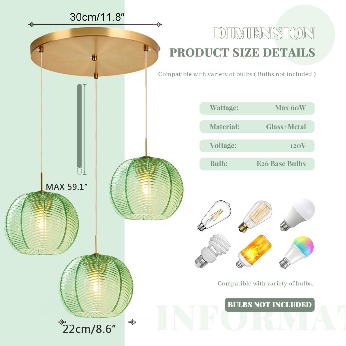 Mid Century Modern Chandelier Glass Globe 3-Light 8.6″ Emerald Green Ribbed Glass Shade Large Ball Chandeliers Sputnik Chandelier Vintage Hanging Ceiling Light Fixture Kitchen Island