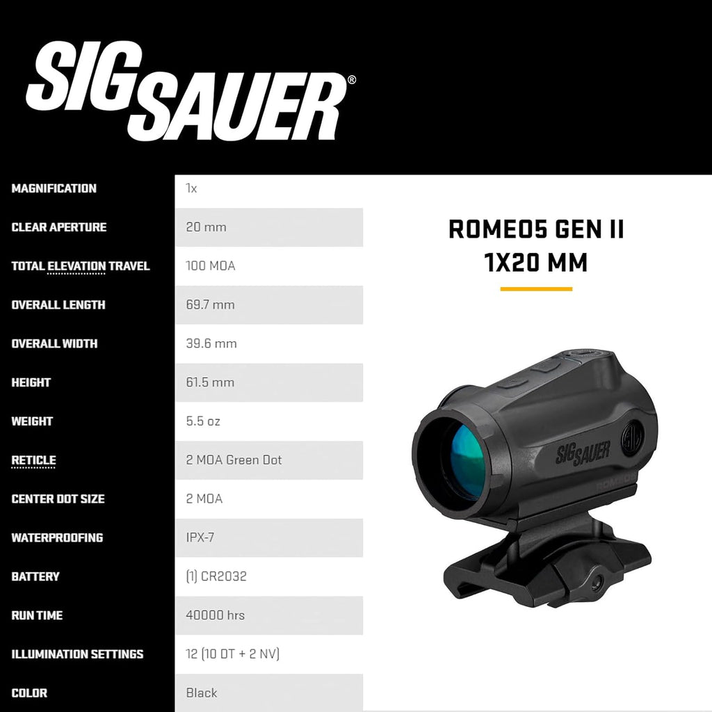 SIG SAUER ROMEO5 GEN I & GEN II 2 MOA Dot Sight - 1x20mm Compact Durable IPX-7 Waterproof Shooting Rifle Sight with Parallax-Free Optical Design & 12 Illumination Settings