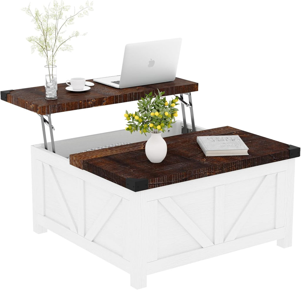 jimeimen Farmhouse Lift Top Coffee Table with Storage, Wood Square Center Table with Charging Station&USB Port, Living Room Table w/Large Hidden Space, for Living Room, Bedroom, Home Office, White