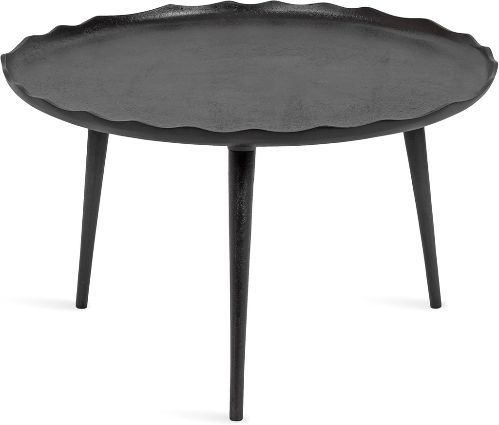 Kate and Laurel Alessia Modern Round Metal Coffee Table; 26 x 26 x 16; Black; Sand Cast Aluminum Coffee Table with Raised Deckled Edge for Storage and Display