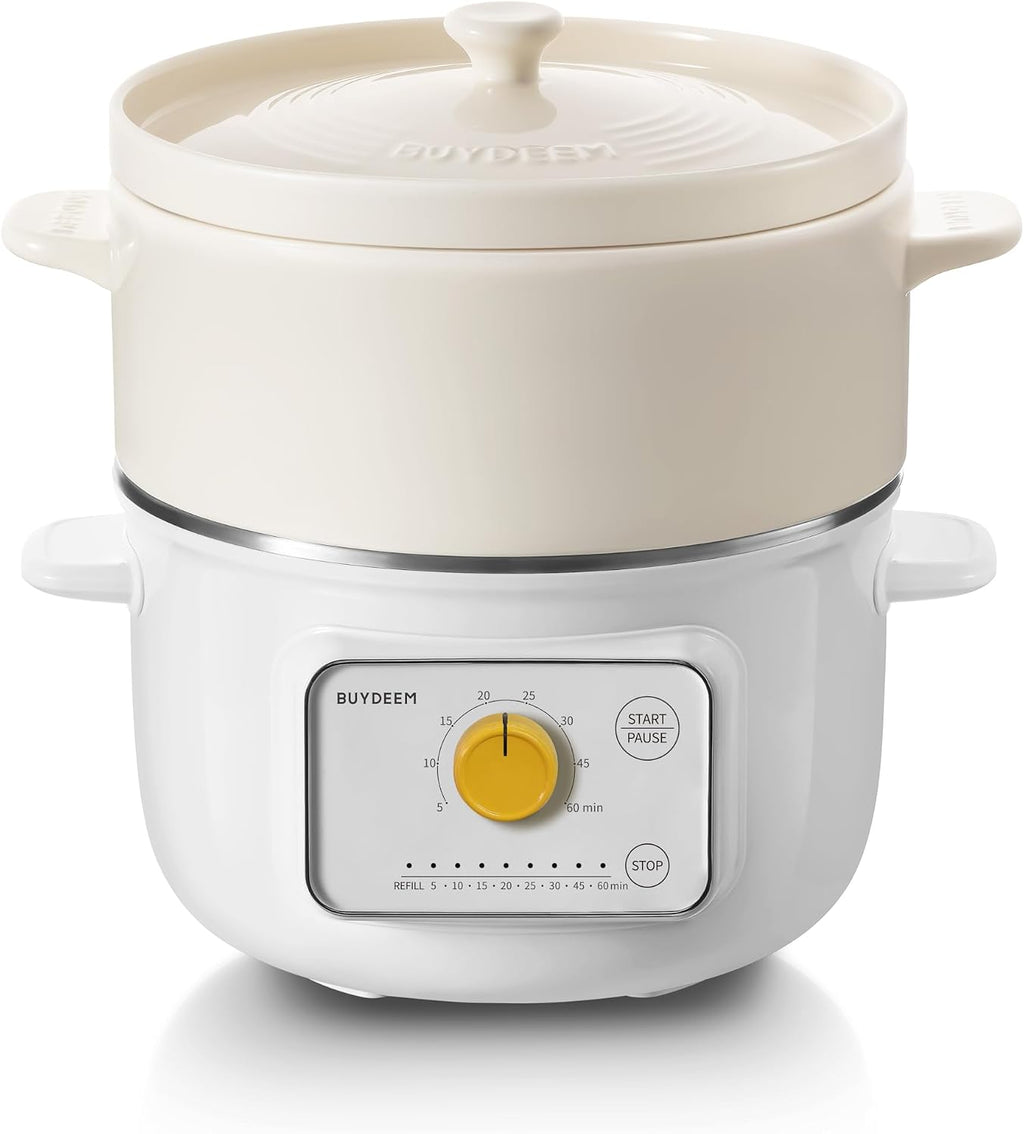 BUYDEEM G32 Food Steamer Arctic White 1.6QT with A513 Ceramic Steam Pot 1.5L
