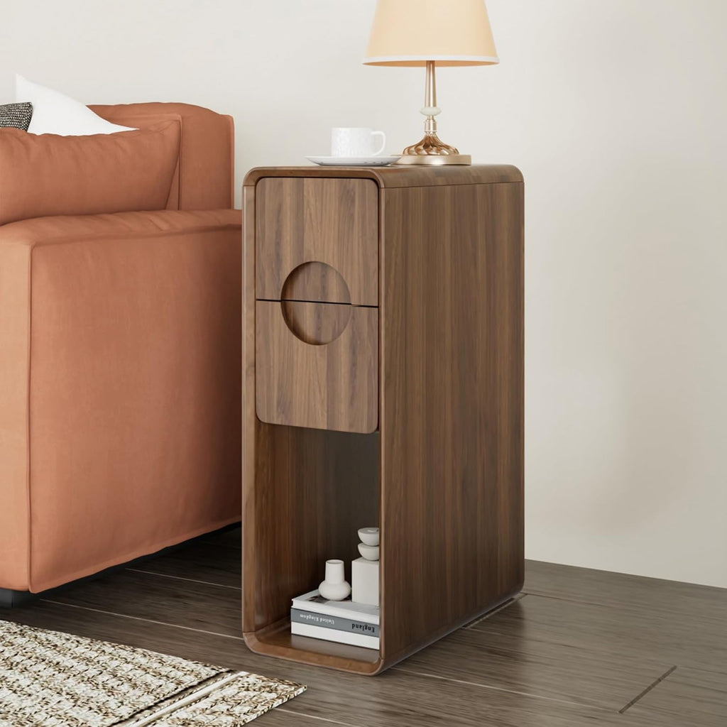 Narrow Walnut Nightstand Set of 2, Small Bedside Table with Circular Drawer, Skinny Side End Table, Wood Nightstand, Mid Century Modern Night Stand for Bedroom, Small Spaces, Slim, Vintage, Boho