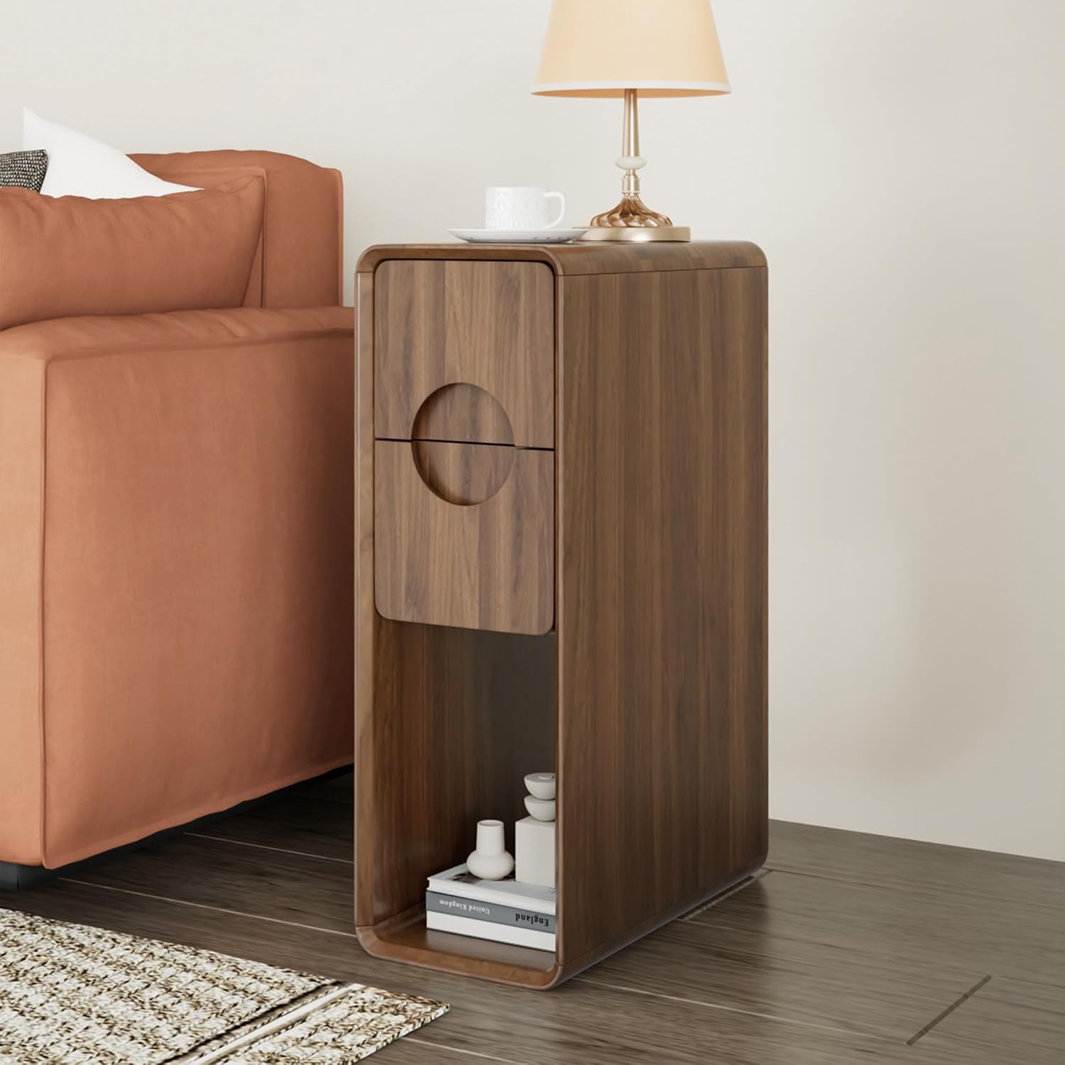 Narrow Walnut Nightstand Set of 2, Small Bedside Table with Circular Drawer, Skinny Side End Table, Wood Nightstand, Mid Century Modern Night Stand for Bedroom, Small Spaces, Slim, Vintage, Boho