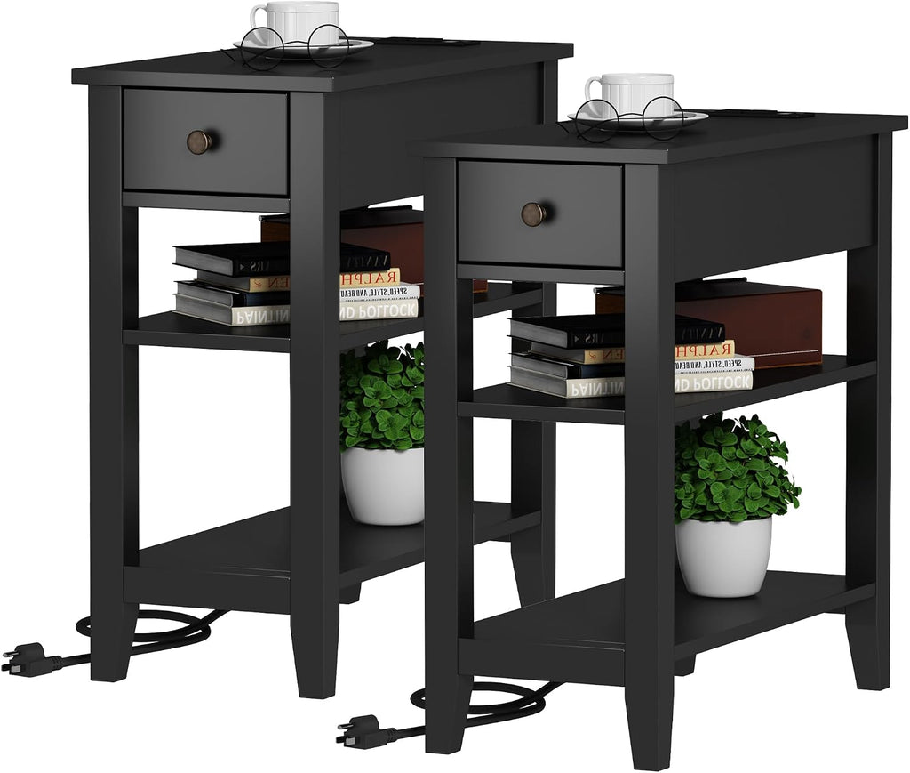 ChooChoo Black End Table Set of 2, Sofa Side Table Living Room with Charging Station,Narrow Night Stand with USB Ports & Power Outlets and Hidden Drawer