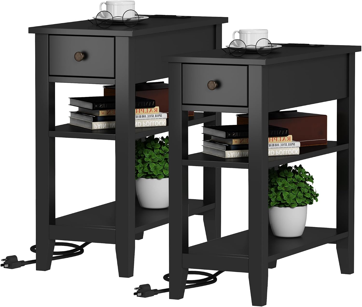 ChooChoo Black End Table Set of 2, Sofa Side Table Living Room with Charging Station,Narrow Night Stand with USB Ports & Power Outlets and Hidden Drawer