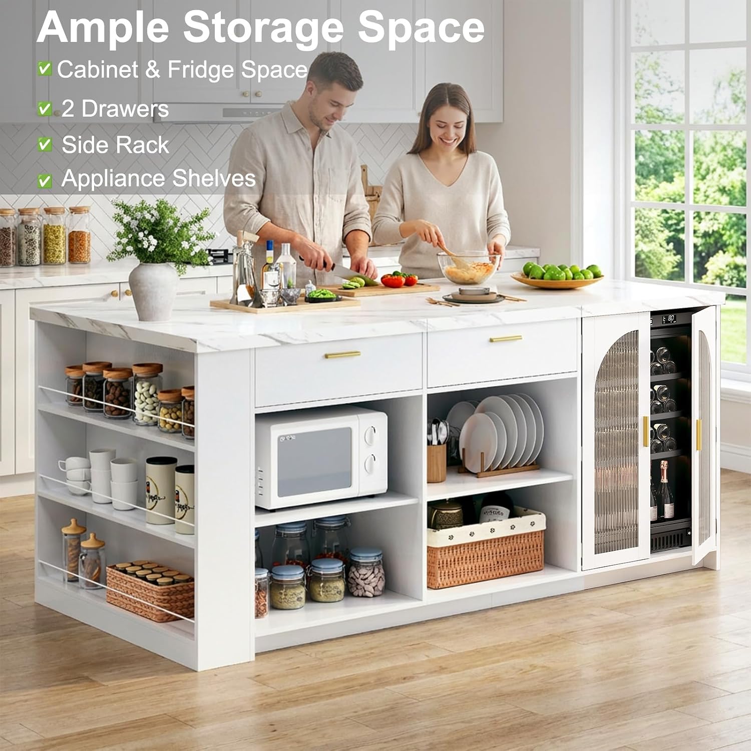 IBF 71' Large Kitchen Island with Storage, White Faux Marble Island table with Seating for 4-6, Stationary Island Cabinet with Drawers & Fridge Space, Modern Wood Counter Height Island Bar, Only Table